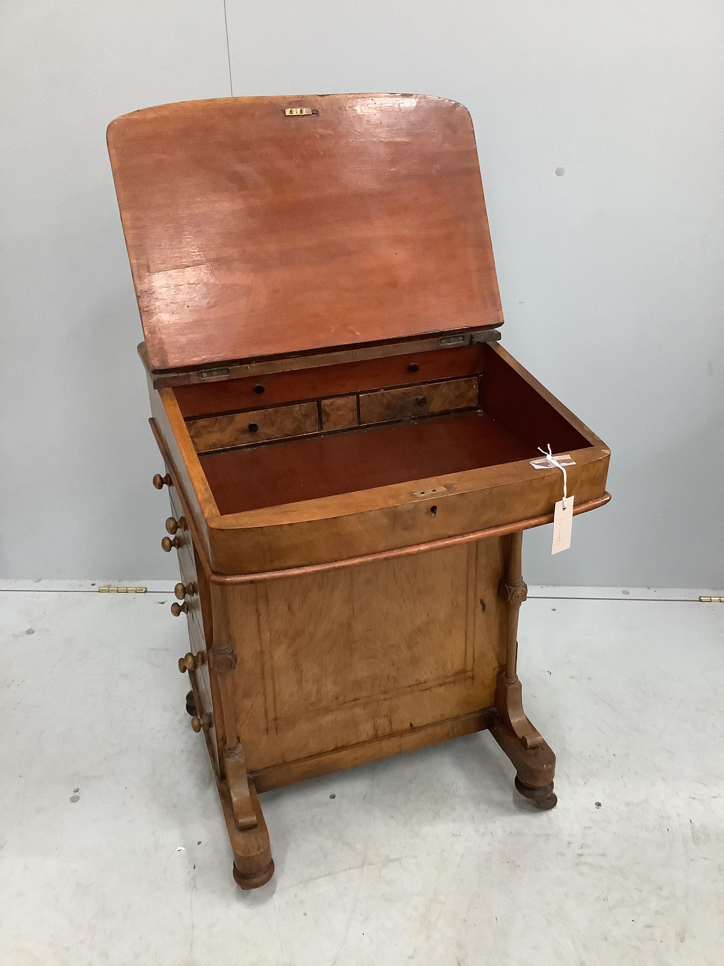 A late Victorian inlaid walnut Davenport, width 52cm, depth 54cm, height 81cm